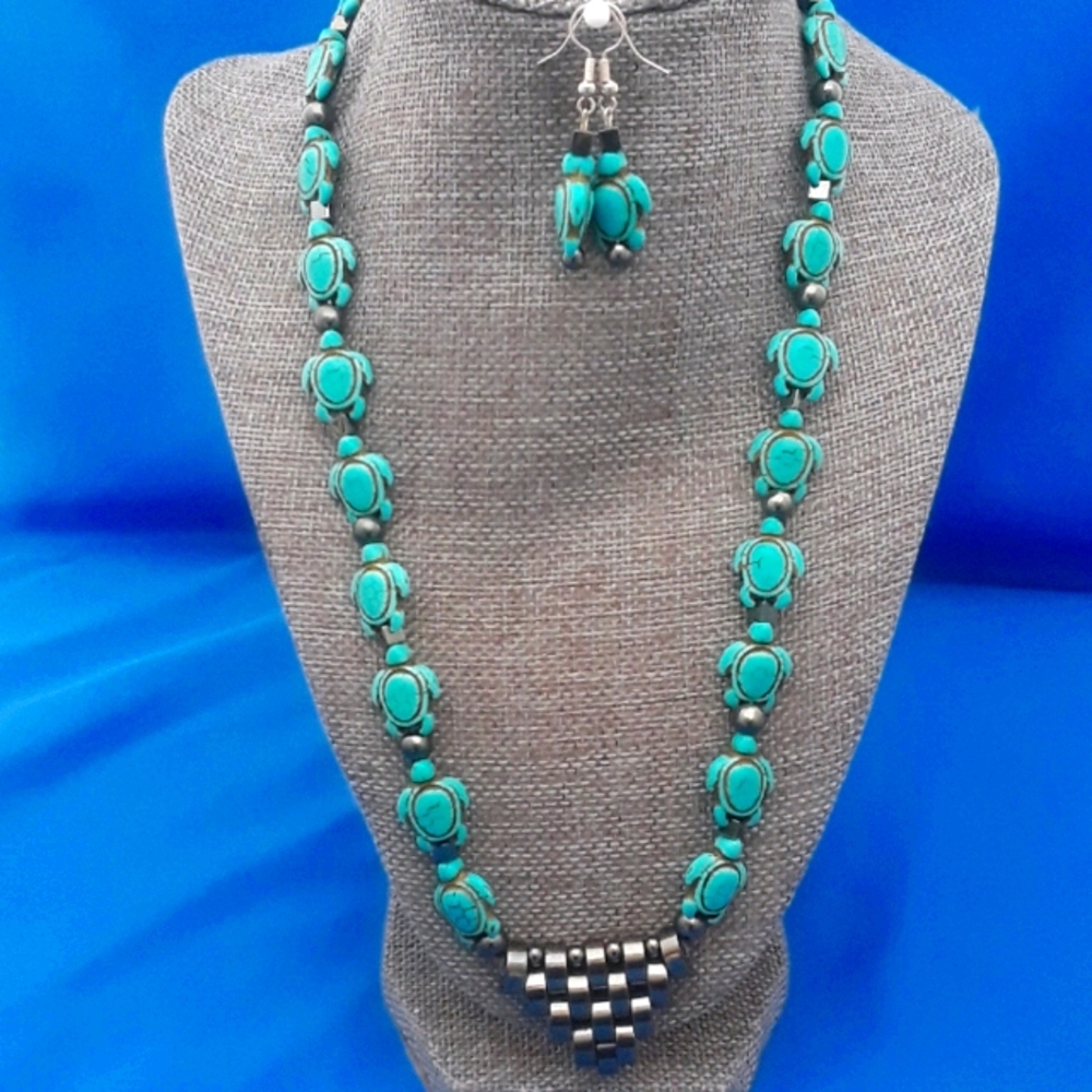 Turtle stone necklace and matching earring set.